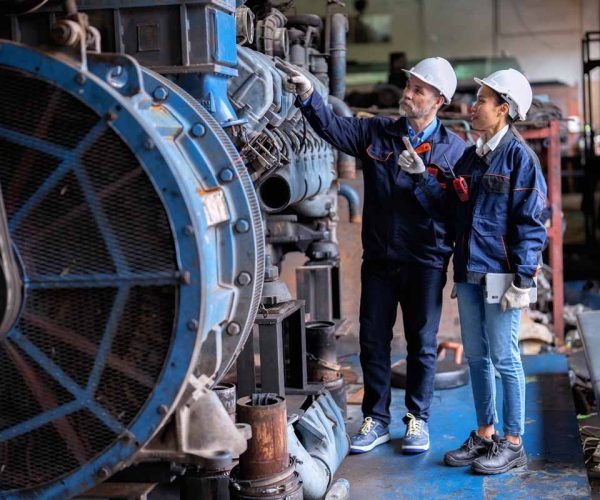 Maintenance manager and engineer checking part large engine supercharger prepare for overhaul repair